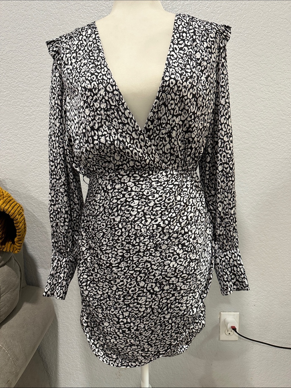 Black & White Printed Long Sleeve Wrap-Front Dress